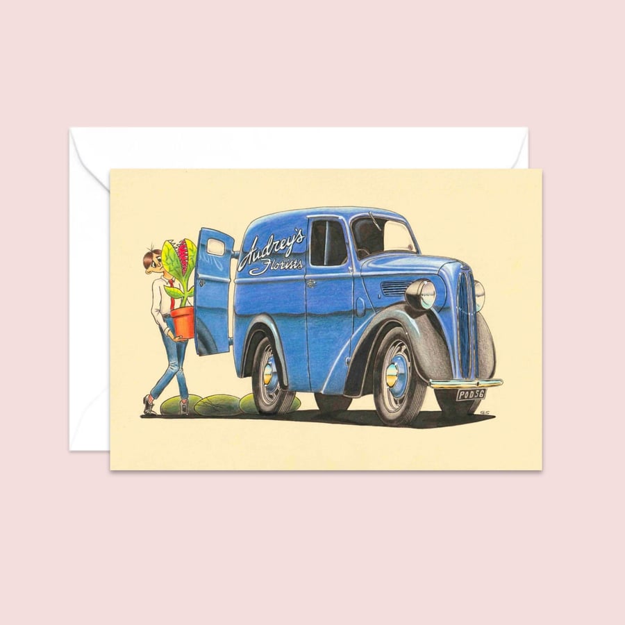 Florist Van Greeting Card: Hand Drawn Pencil Illustration (320)
