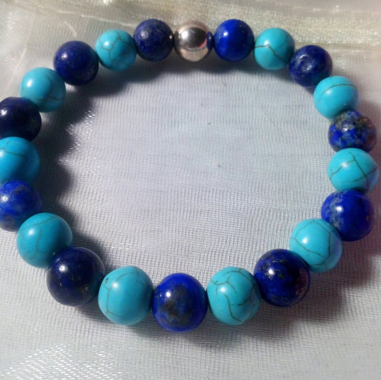 Reiki Infused 8mm Turquoise, Lapis lazuli, Elasticated Beaded Bracelet Connects 