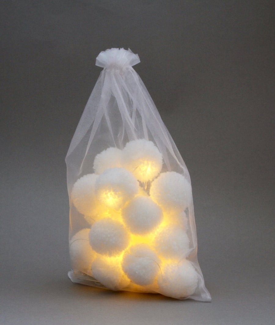 20 Pom Pom Fairy Lights - in White with Silver Flecks