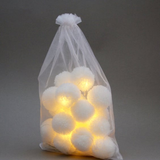 20 Pom Pom Fairy Lights - in White with Silver Flecks