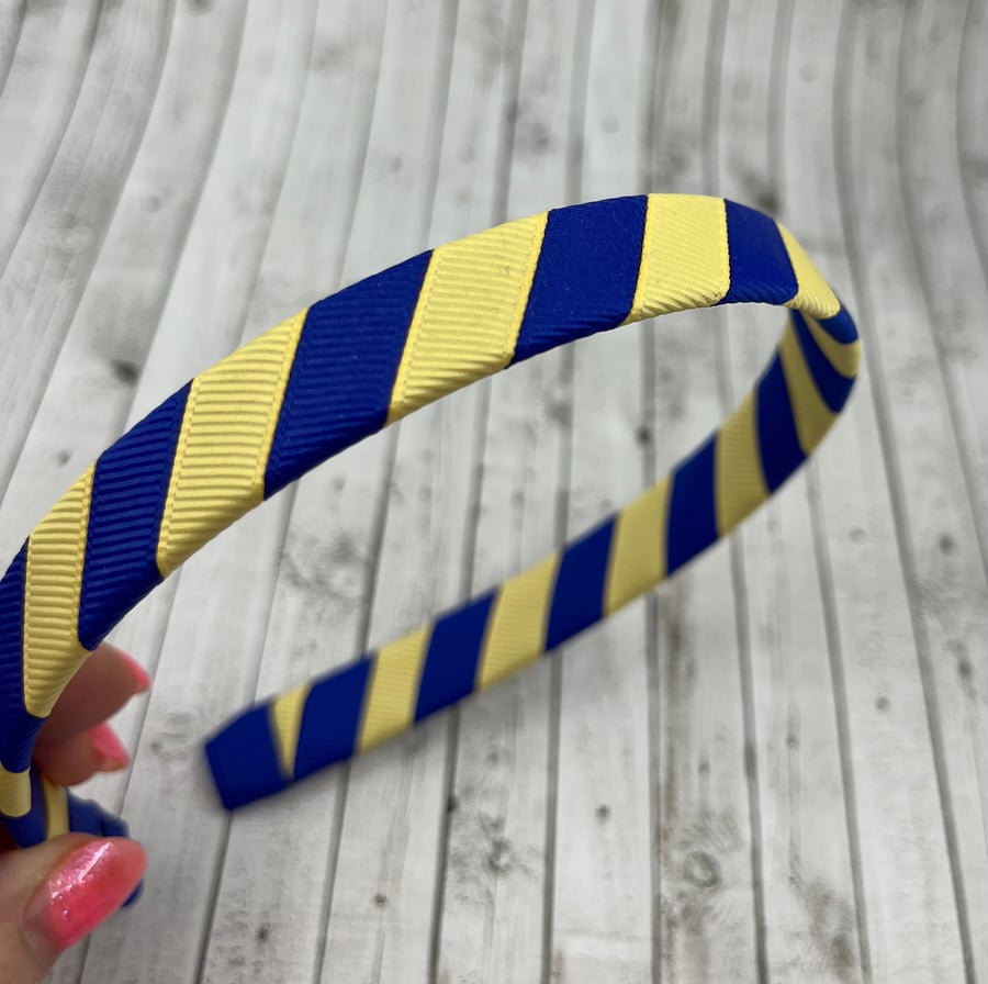 School Cobalt Blue and Pale Yellow 1.8cm striped Hairband