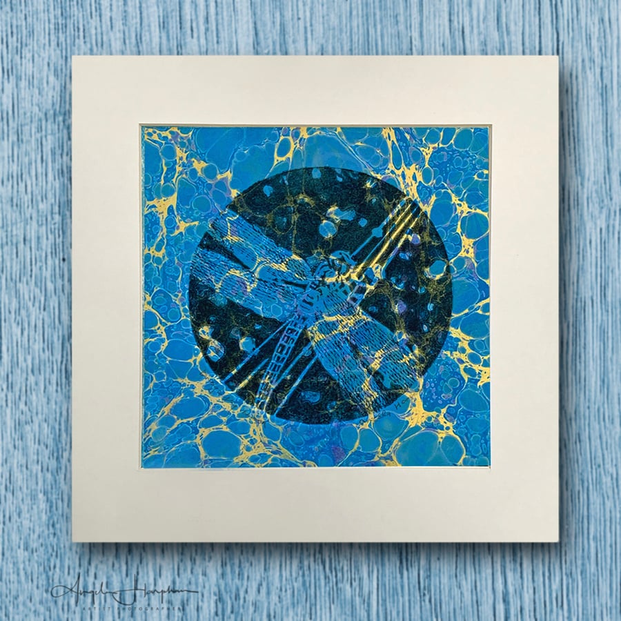 Lino Print on Hand Marbled Paper - Dragonfly Moon 
