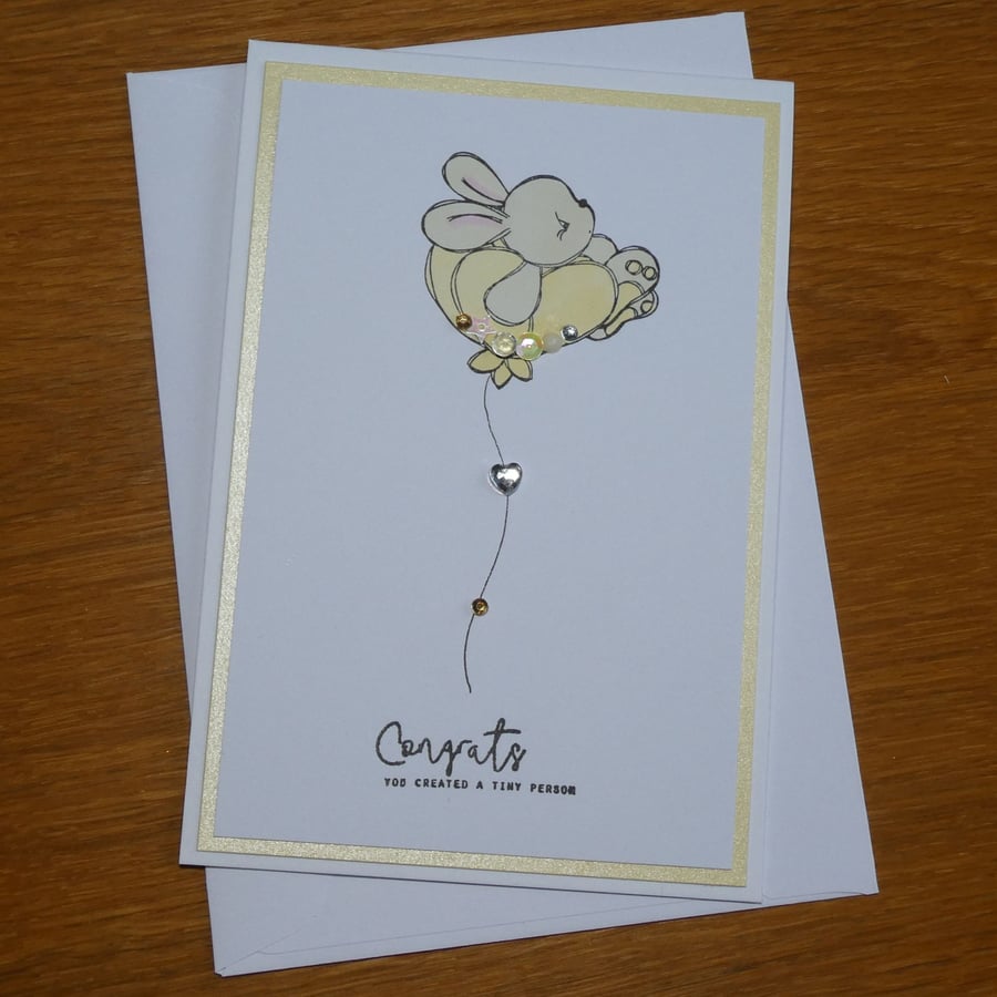 Neutral New Baby Card - Bunny in Yellow Flower