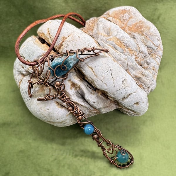 Antique copper and Blue Apatite stone witches staff pendant