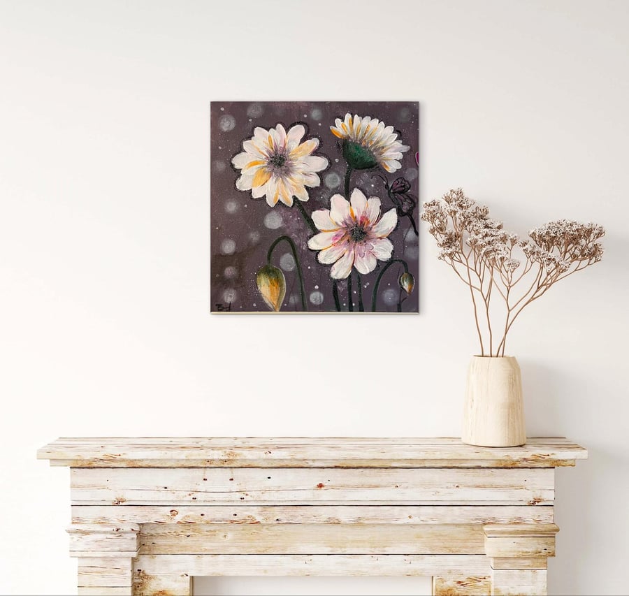 FLOWER PAINTING, Soft Blossoms on Purple – Floral Acrylic Canvas