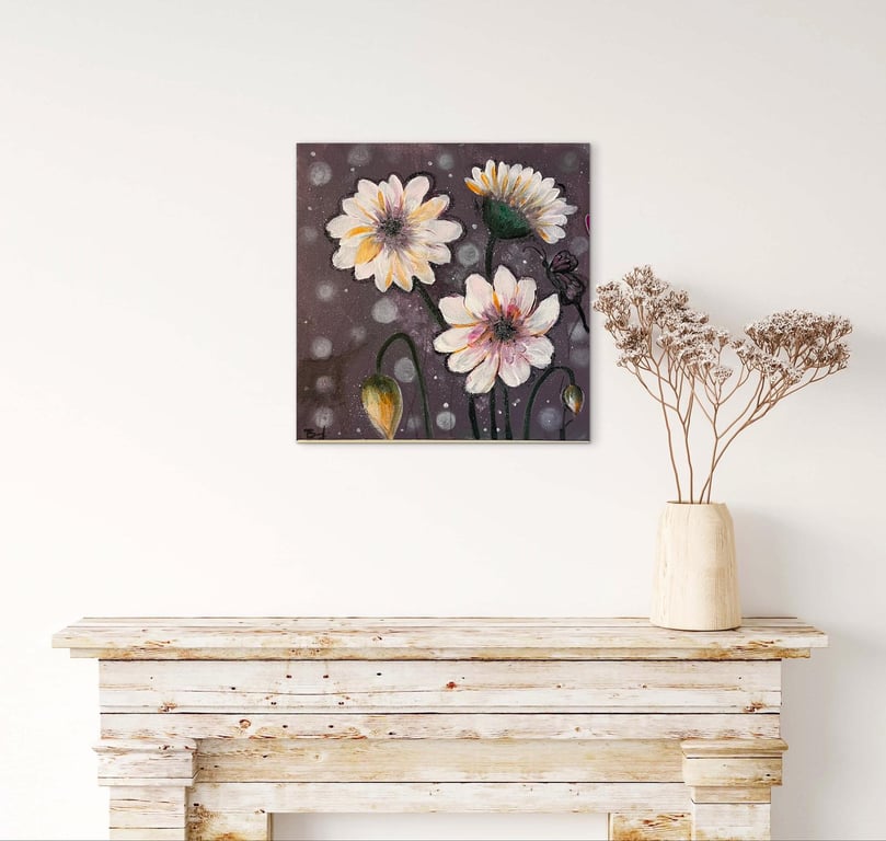 FLOWER PAINTING, Soft Blossoms on Purple – Floral Acrylic Canvas