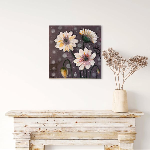 FLOWER PAINTING, Soft Blossoms on Purple – Floral Acrylic Canvas