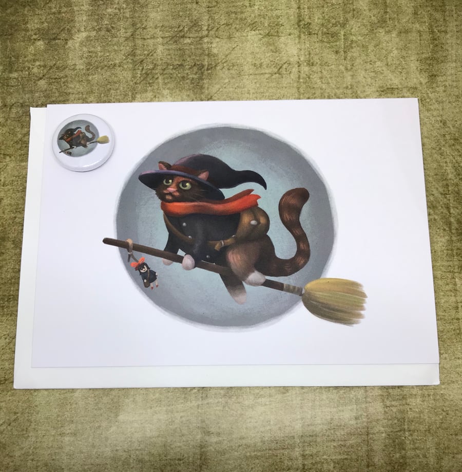 Witch Cat Blank Greeting Card and Mini Badge or Magnet Set