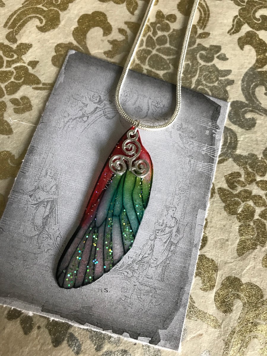 Red and Green Glitter Triskelion Sterling Silver Fairy Wing Necklace Pendant