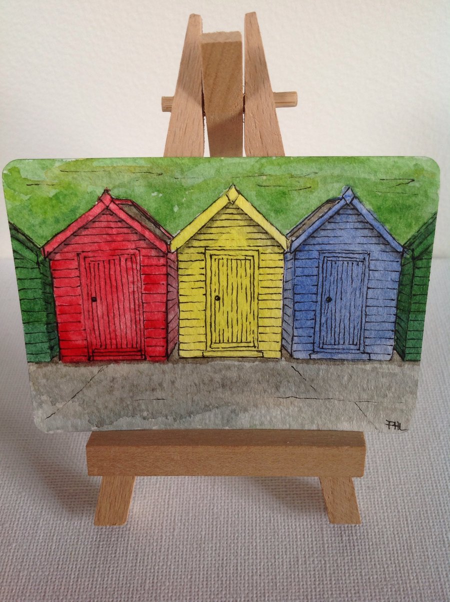 Original ACEO 'Beach huts at West Cliff, Whitby'  watercolour and ink