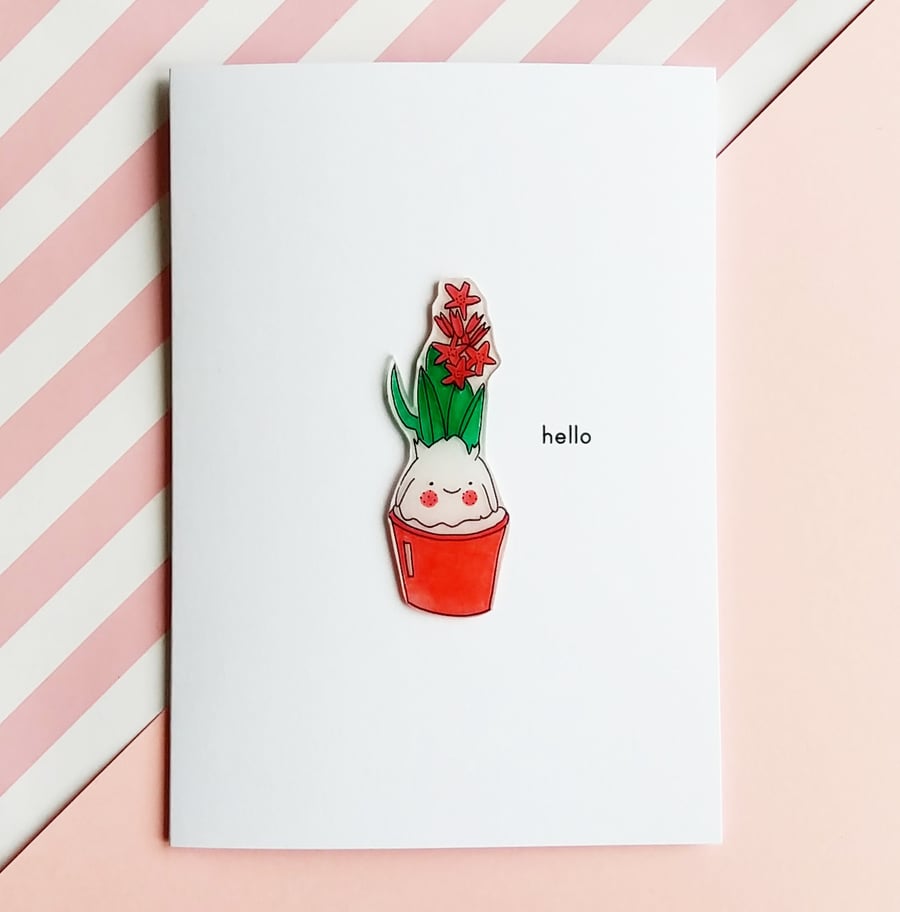 hello card - pink hyacinth plant - handmade card