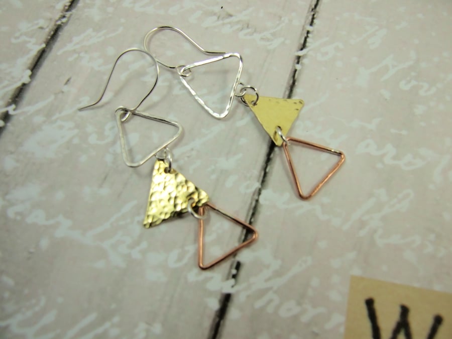 Triangle Earrings, Sterling Silver, Copper and Brass Dangle Geometric Earrings