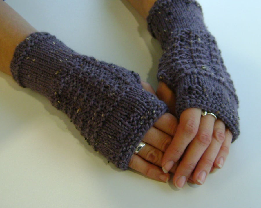 Fingerless Gloves Mittens Wrist Warmers in Dusky Grape Aran Wool