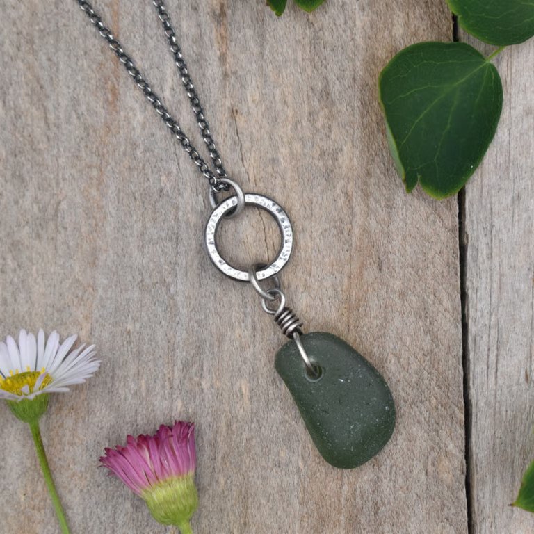 Dark Green Sea Glass and Recycled Sterling Silver Necklace, Scottish Sea Glass
