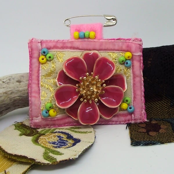 Brooch pink textile and enamel flower 