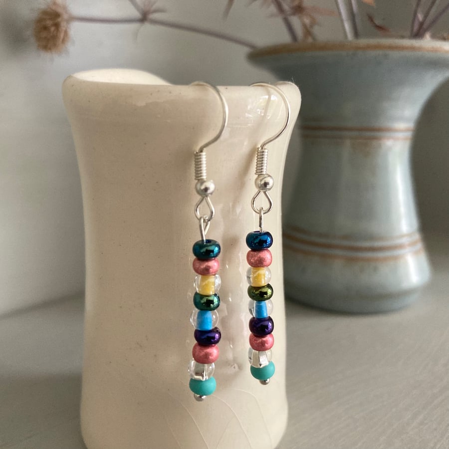 Blues and pink mix seed bead earrings, silver-plated