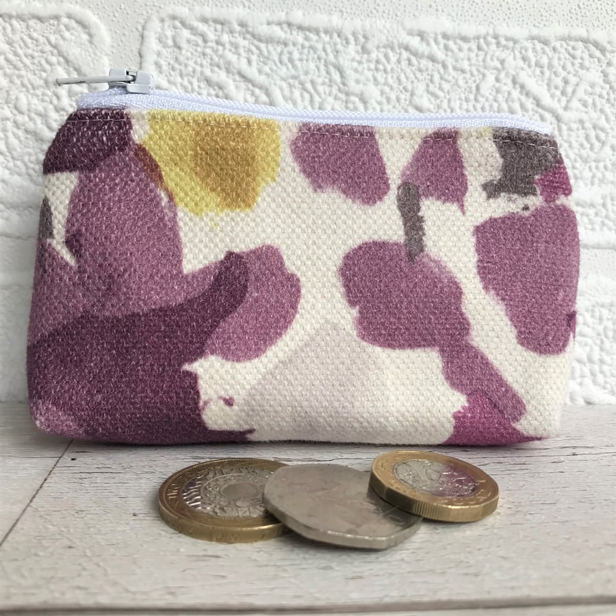 Small purse, coin purse in white with purple and golden yellow blotches