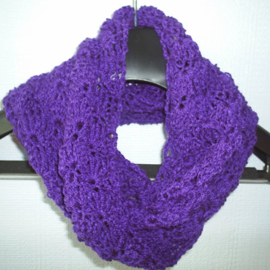 purple, crocheted cowl neck scarf 