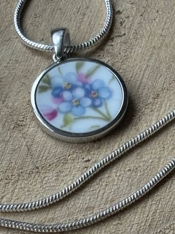 Handmade Necklace, Unique, Eco Friendly, Sterling Silver, Forget me not.