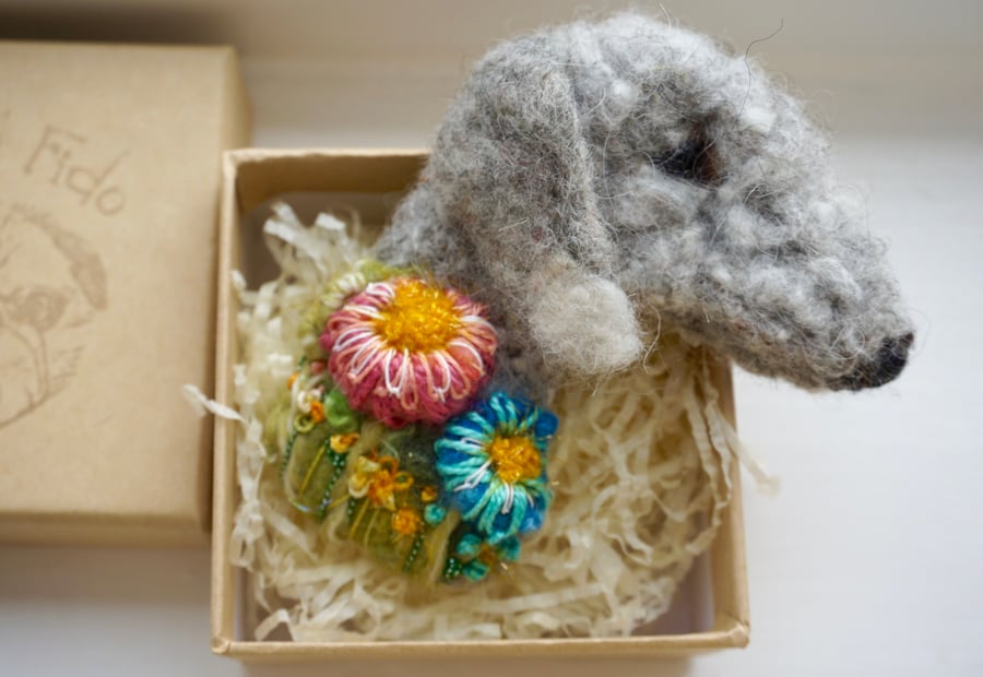 Needle Felted Bedlington Terrier Brooch