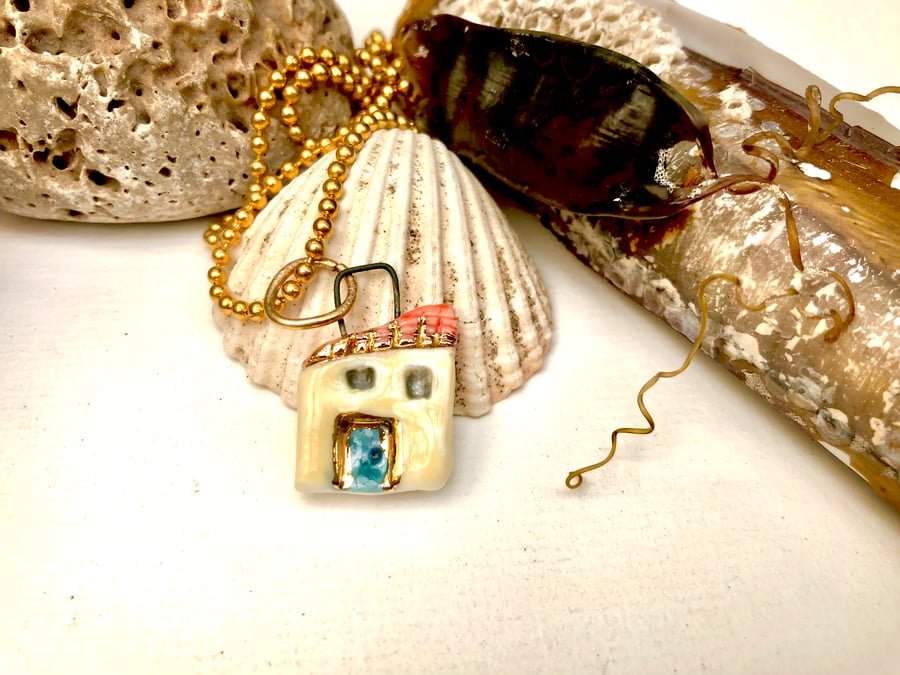 Cute vegan porcelain mini cottage pendant with 24 carat gold lustre