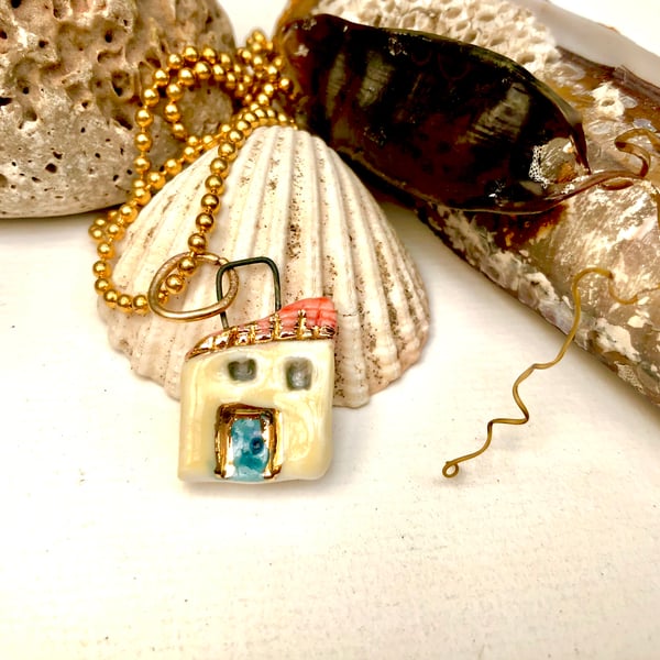 Cute vegan porcelain mini cottage pendant with 24 carat gold lustre