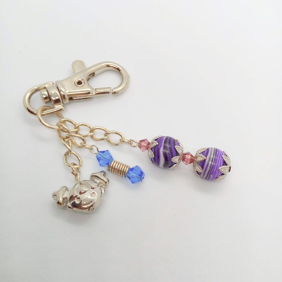 Beaded Hand Bag Charm with Purple Agate & Blue Crystal Bead & a Girls Head Charm