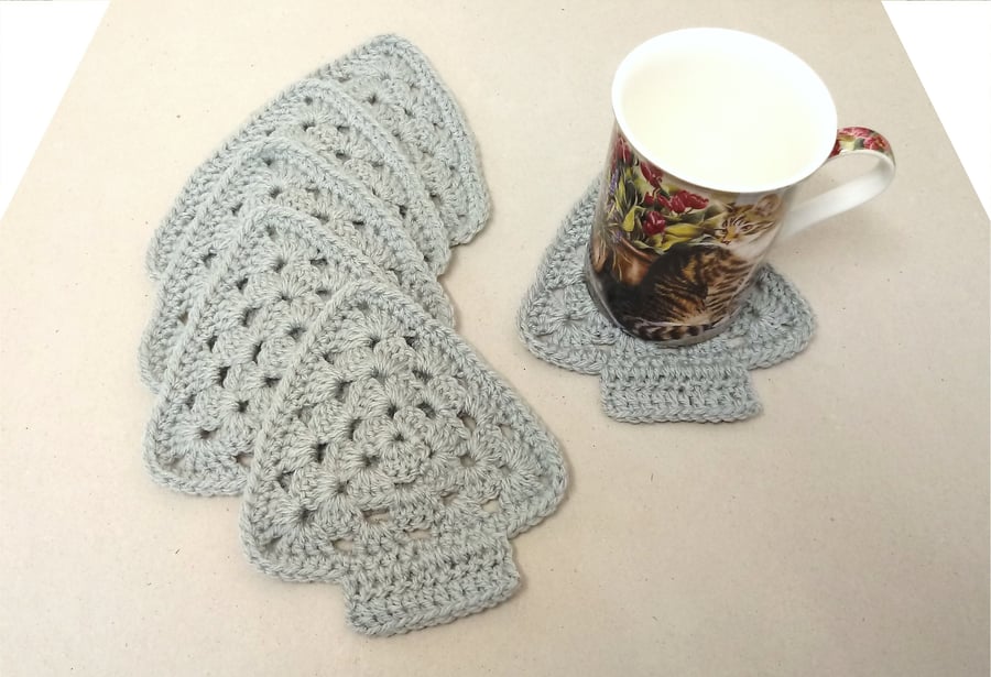 Christmas tree coasters in grey, set of six, crochet coasters, handmade