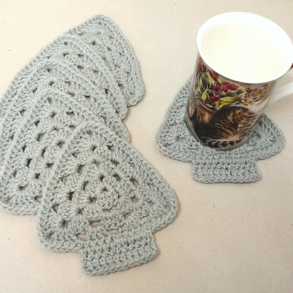 Christmas tree coasters in grey, set of six, crochet coasters, handmade