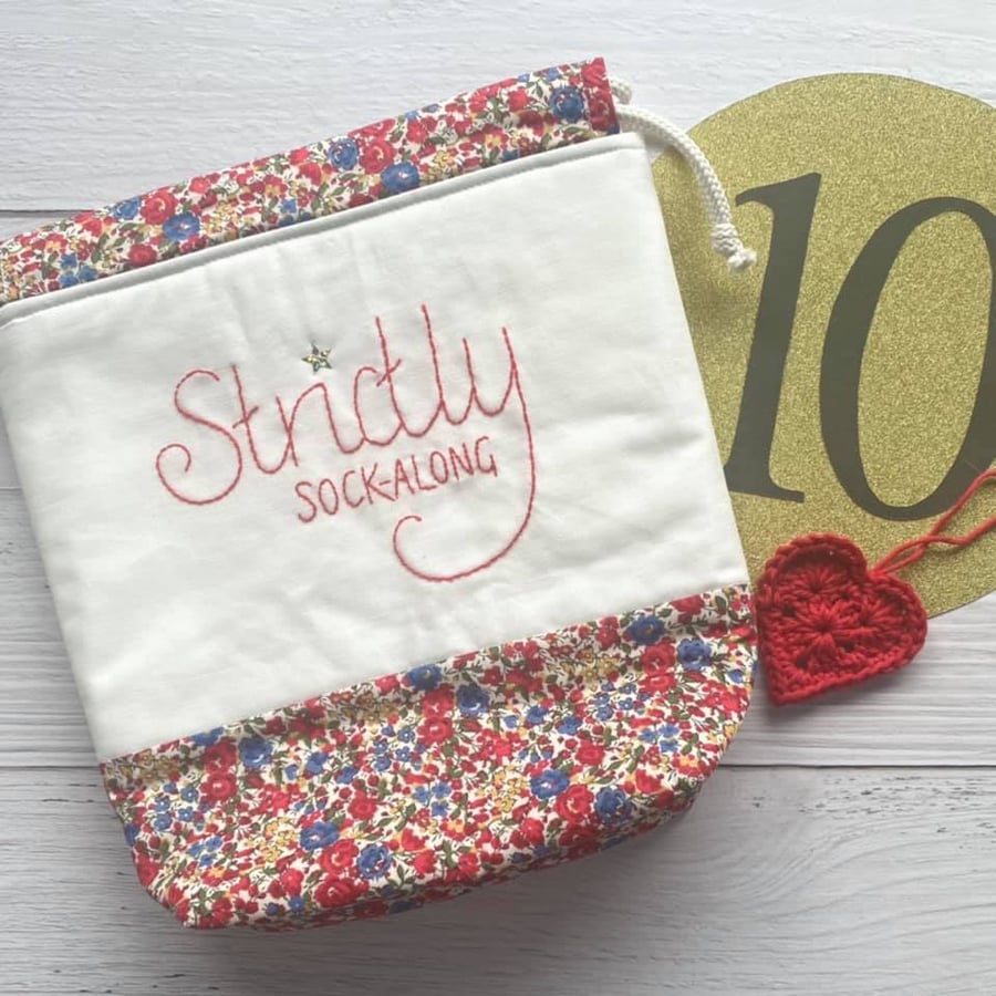 'Strictly Sock-Along' Project Bag with Hand Embroidery - Red and Blue