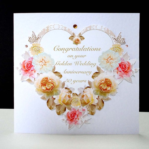 Antique Floral Heart Golden Wedding Handmade Card 