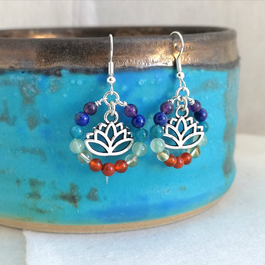 Chakra gemstone  hoop earrings with lotus flower charm