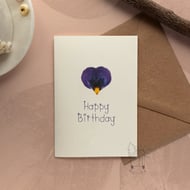 Happy Birthday Card, Viola Petal, pressed flower printed card