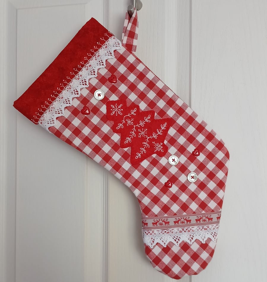 Scandi Style Gingham Stocking with Embroidered Wool Felt Christmas Tree and Lace