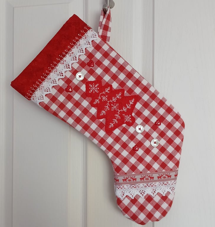 Scandi Style Gingham Stocking with Embroidered Wool Felt Christmas Tree and Lace
