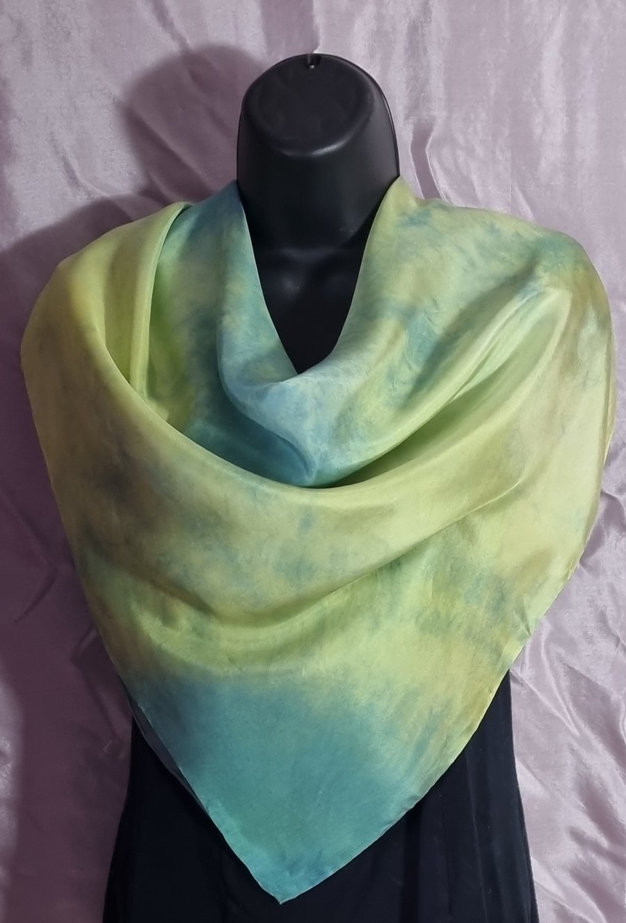 Pure Silk Scarf, Large Square, Blue, Yellow, and Green