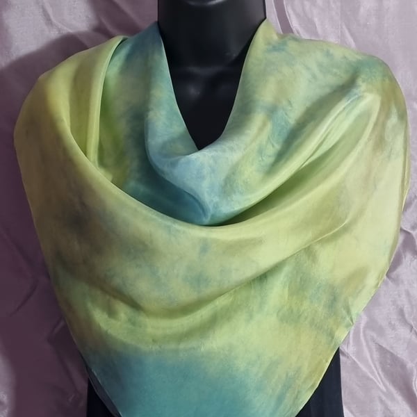 Pure Silk Scarf, Large Square, Blue, Yellow, and Green