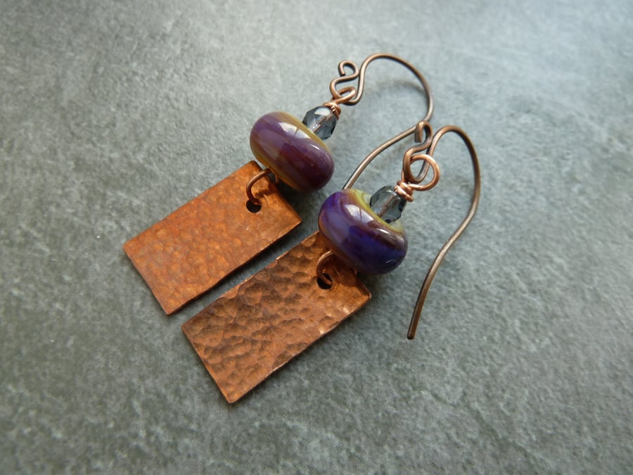 copper earrings, lampwork glass beads