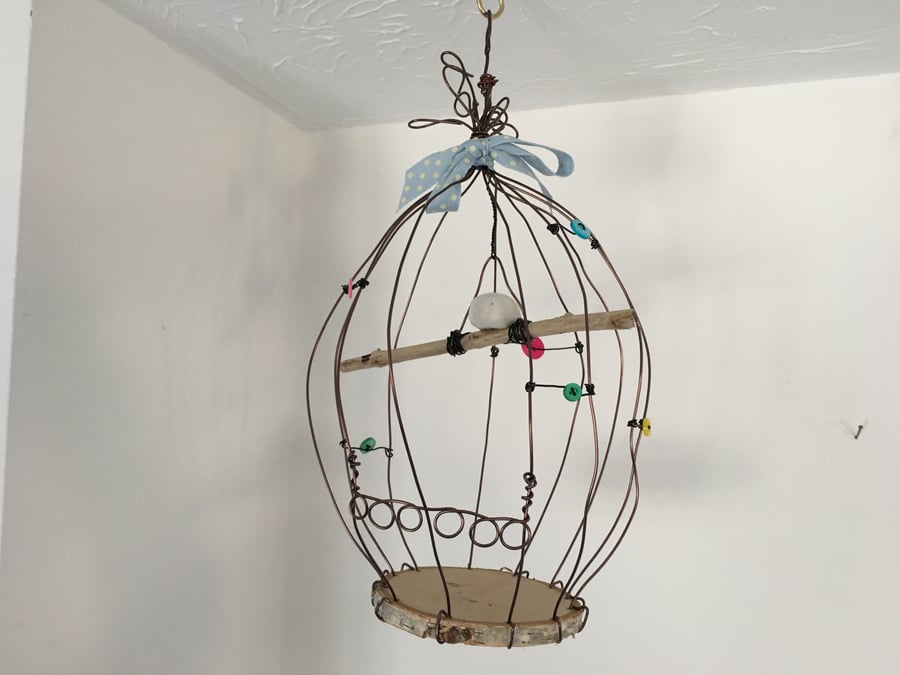 Wire bird cage, wire art sculpture, driftwood wire and pottery hanger, hand made