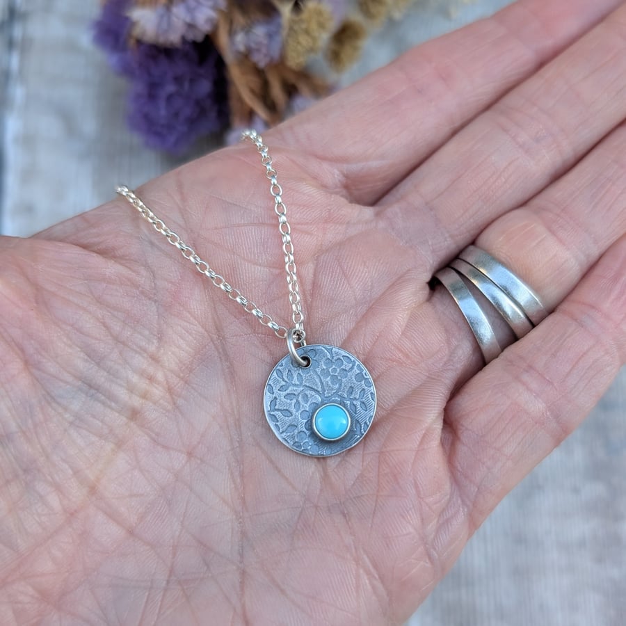 Sterling Silver Flower Disc Necklace with Turquoise - JBJ6015