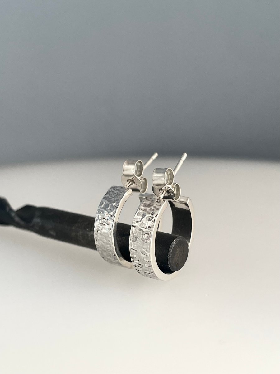 Sterling Silver Chunky Hoop earrings 15mm - 4mm Wide Hammered-Sparkly Handmade