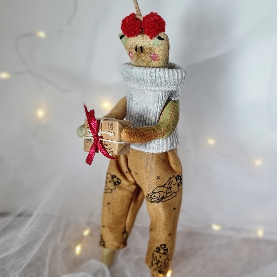 Handmade primitive heirloom frog and pom poms