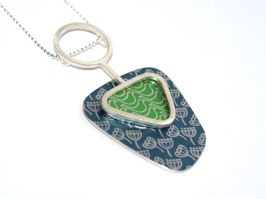 Silver, blue and green abstract pendant - seed head and birds pattern
