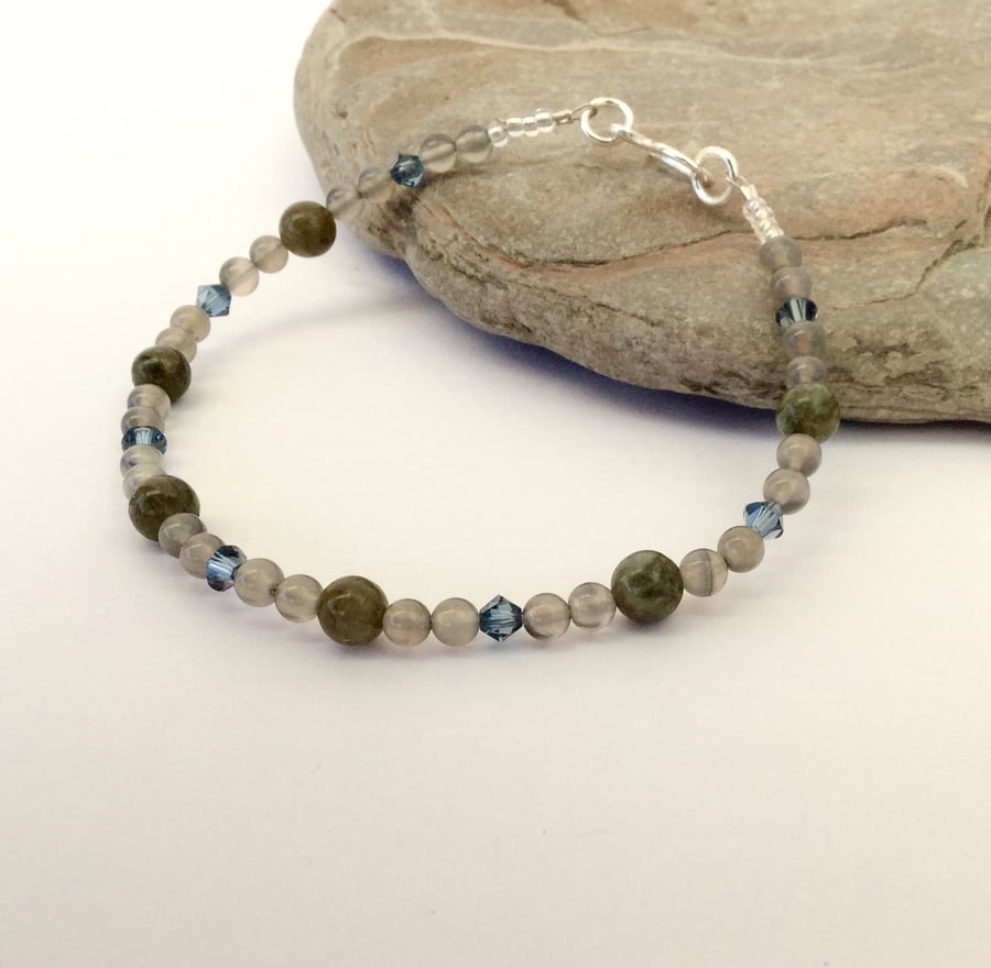 Labradorite and Grey Agate Bracelet with Sterling Silver