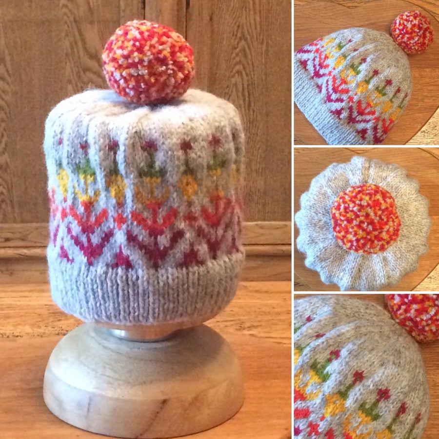 Luxury Pure Wool Fair Isle Beanie with med close-cut Pom Pom