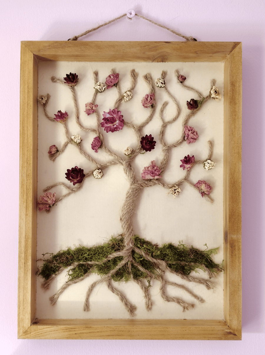 Tree of life and dried flower wooden frame wall art