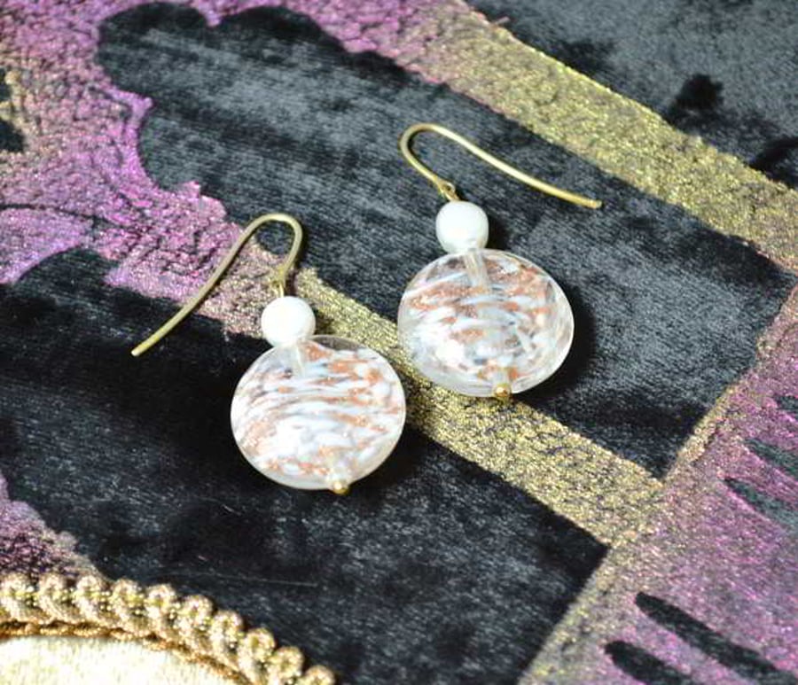 Ivory Pearl and Gold Swirl Murano Glass Earrings
