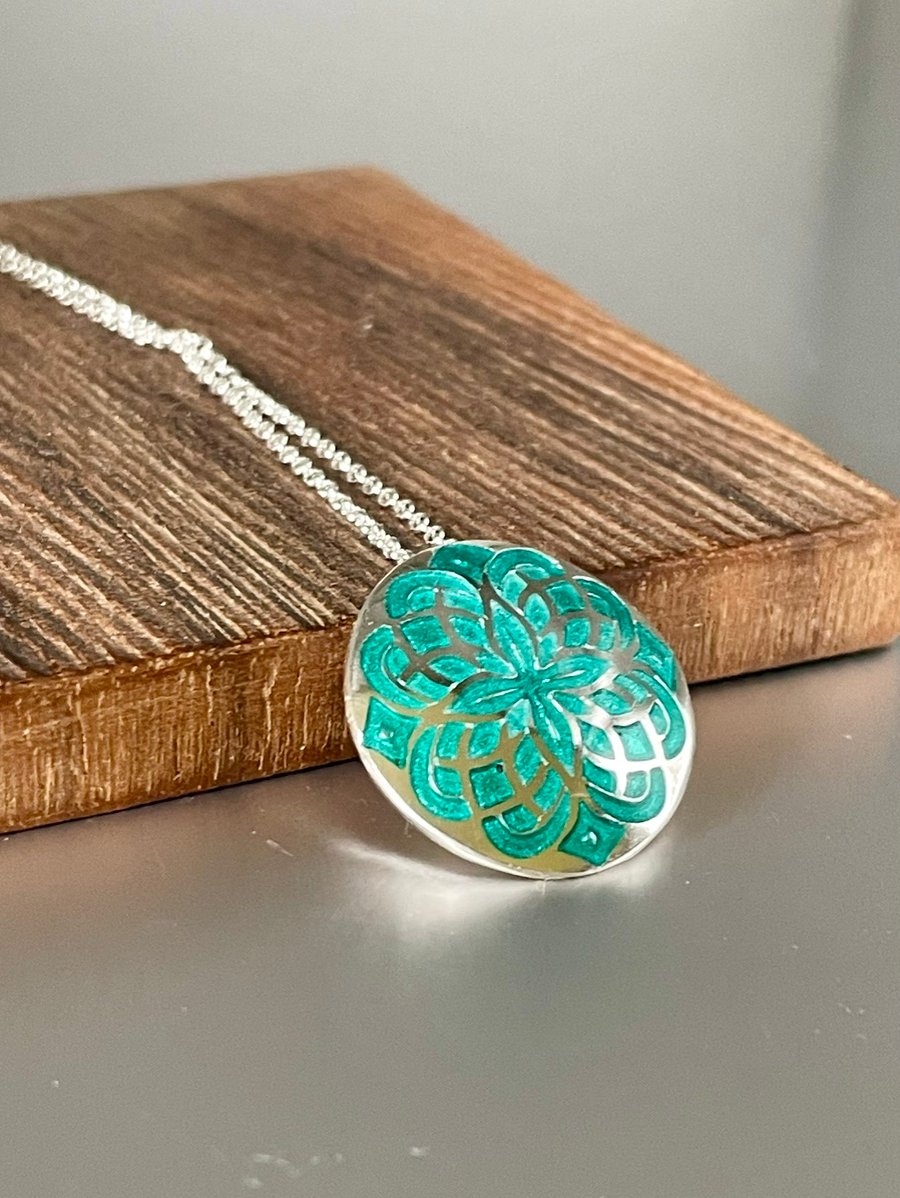 Mandala fine silver pendant in turquoise