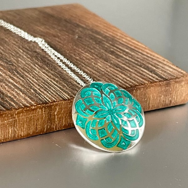Mandala fine silver pendant in turquoise
