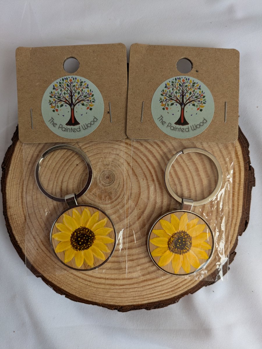 Hand Painted Bamboo & Metal Keyring, Sunflower